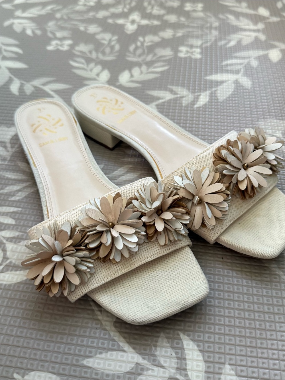 Floral Embellished Sam Edelman Cream Slide Sandals - Women's